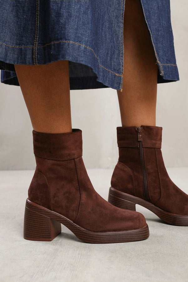 Where's That From Nyra Ankle Boot With Side Zip and Chunky Heel in Brown Suede