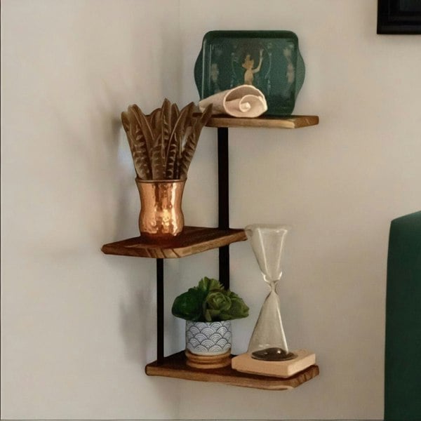 Rafaelo Mobilia 3 Tier Wall Mounted Floating Corner Shelf Rustic Brown