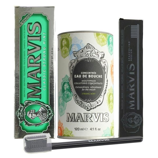 Marvis Mouthwash, Classic Mint Toothpaste & Black Tooth brush