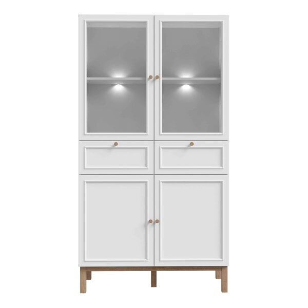 Wyld Haus Niva Light Grey and Natural Oak Effect Display Cabinet with LED Lighting 4 Doors 2 Drawers