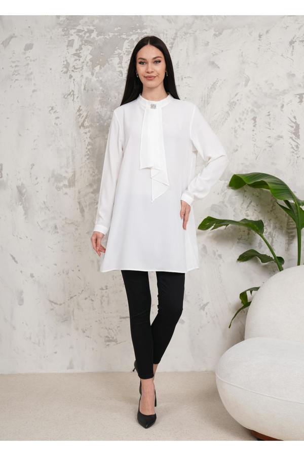 Hoxton Gal Oversized Long Sleeves Brooch Detailed Tunic in White
