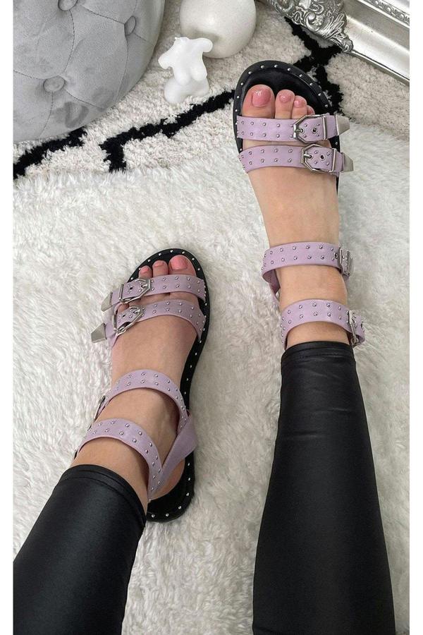 Maren Studded Double Buckle Sliders - Lilac