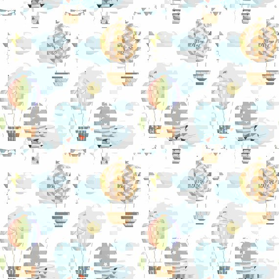 Hot air balloons in a cloudy sky, gender neutral, children's bedroom and nursery decor. Big Little Bedrooms. Free Shipping. 
