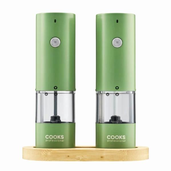 Cooks Professional Rechargeable Salt and Pepper Mill Set with Bamboo Base | Green