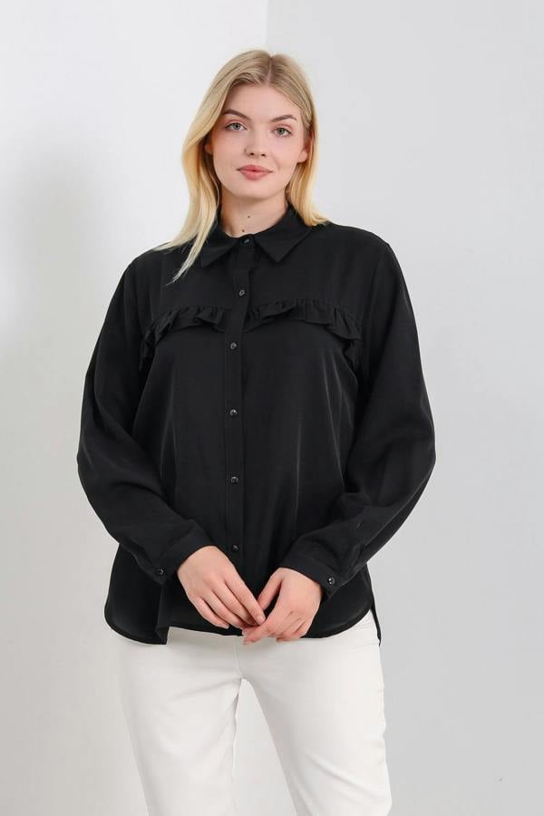 Hoxton Gal Oversized Frill Detailed Long Sleeves Blouse Shirt in Black