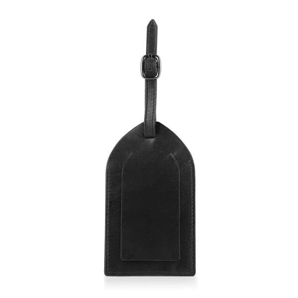 Front  view of black full-grain leather luggage tag .
