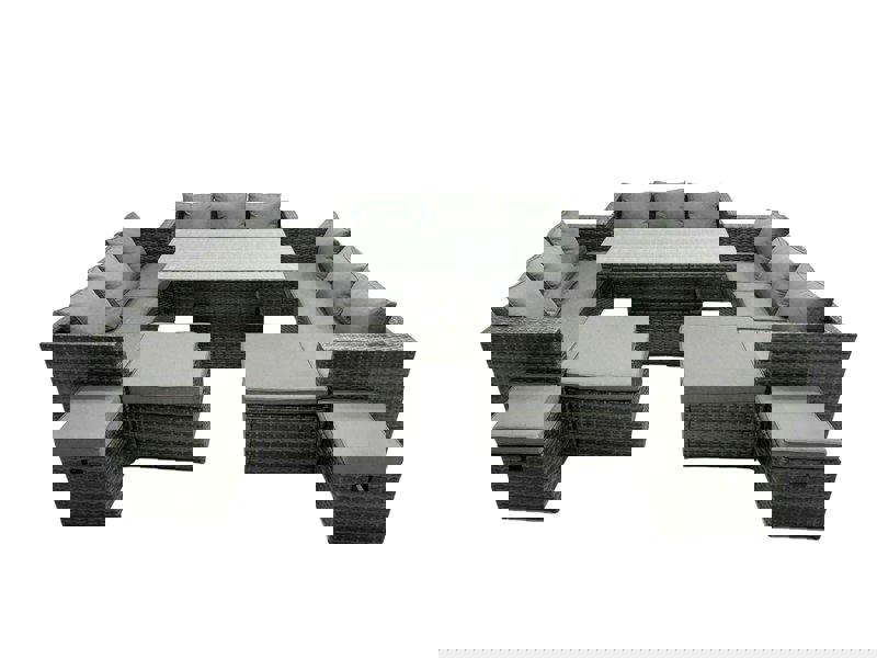 Fimous Rattan Dining Table Sofa Set with 4 Stools Outdoor 13 Seat Garden Furniture Set Dark Grey Mixed