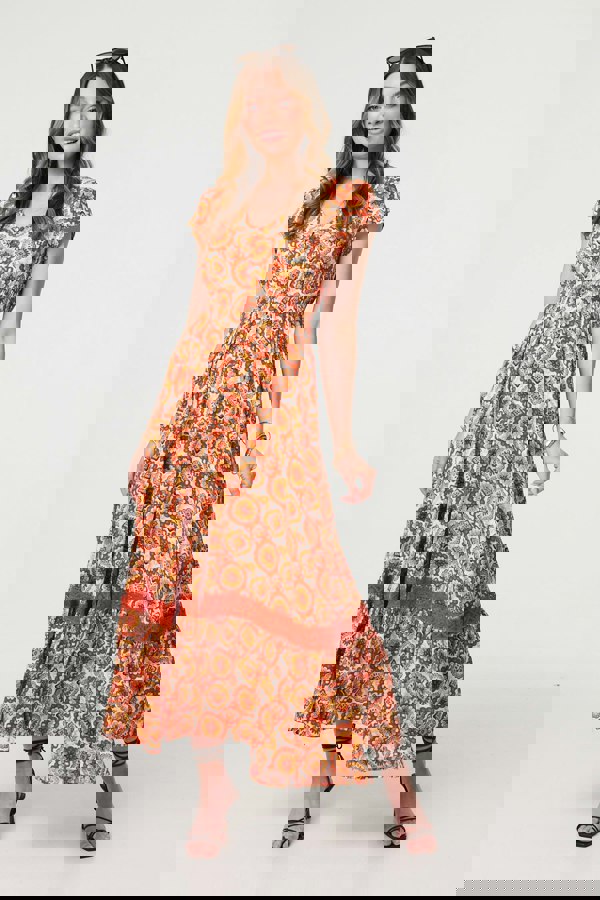 Orange | Paisley Cap Sleeve Lace Trim Maxi Dress