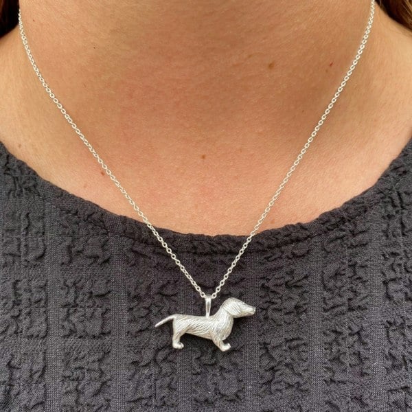 Large Sterling Silver Fergus the Dachshund Necklace - Reeves & Reeves