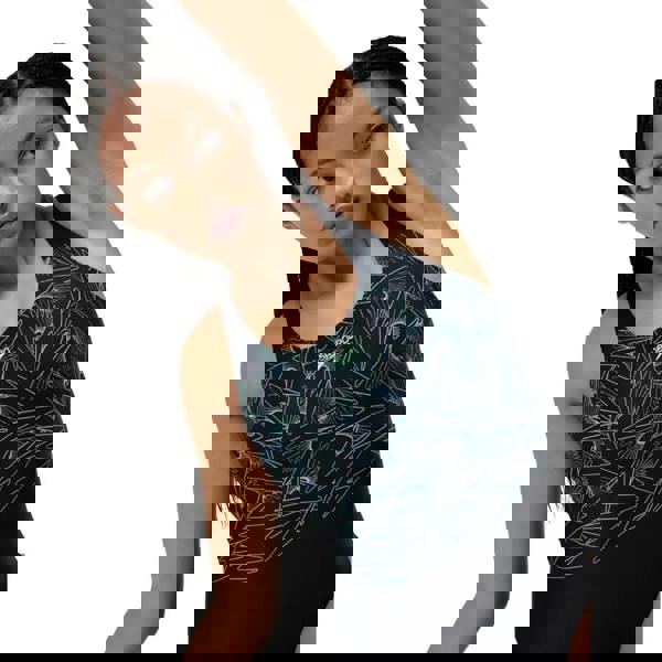 Speedo Hyperboom Placement Muscleback Swimsuit in green/black with teal geometric pattern