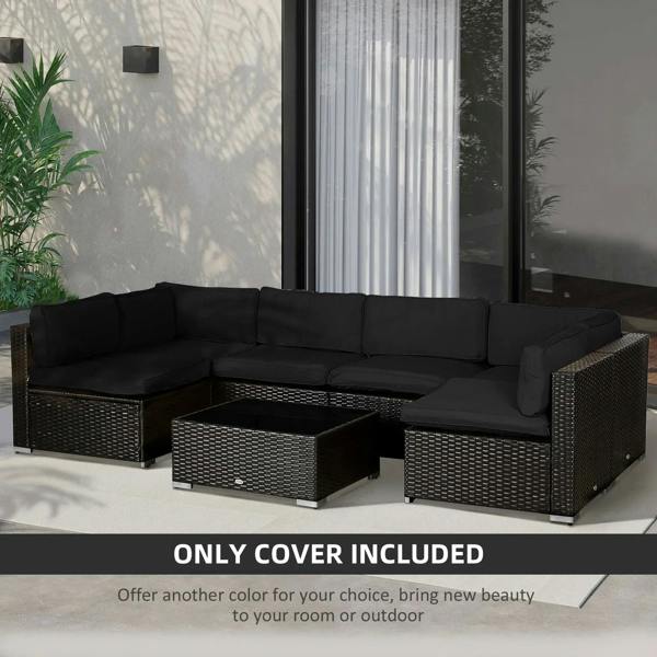 Black outdoor rattan sofa cushion covers on corner sectional seat and back cushions