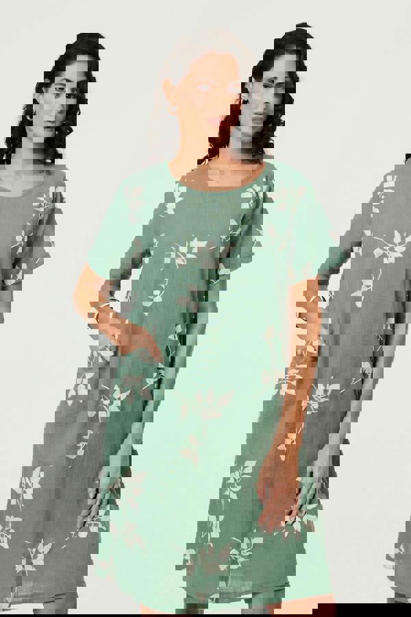 Green | Leaf Print Relaxed Knee Length Dress