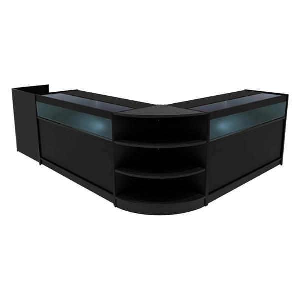Sagittarius LED Shop Counter Set in black features a sleek, modern design with glass display tops and multiple storage shelves