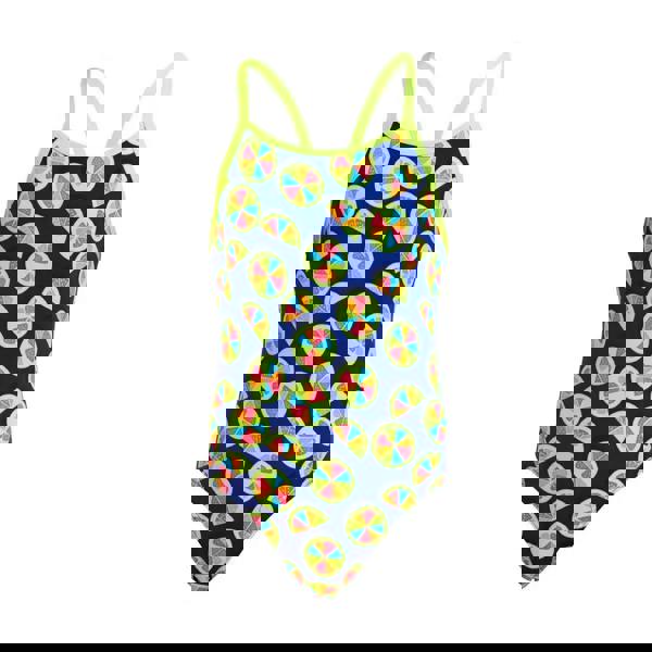 Funkita Girls You Lemon Diamond navy blue one-piece swimsuit with bind shoulder straps