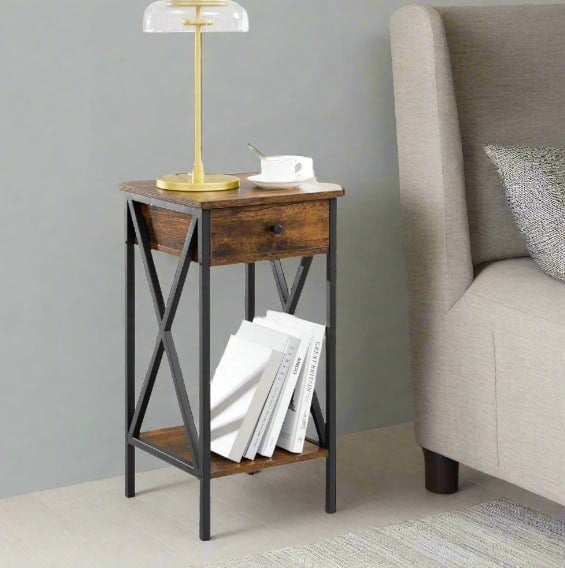 Modcraft Tall Nightstand with Drawer & Shelf – Rustic Brown & Black Industrial Bedside Table