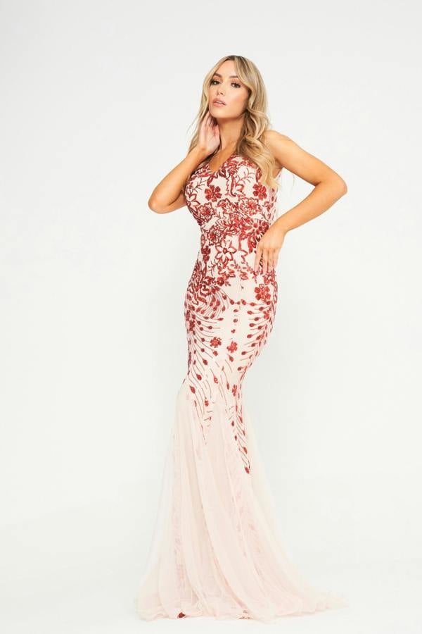 LuvForever Vesta - Red Mesh Sequin Maxi Dress