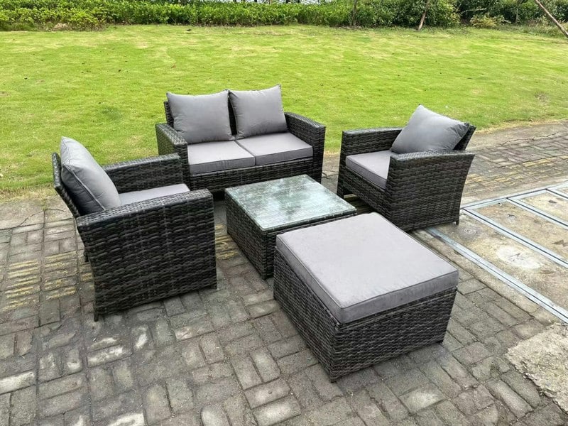 Fimous 5 Seater Dark Grey Mixed High Back Rattan Sofa Set Square Coffee Table Garden Furniture Outdoor Patio
