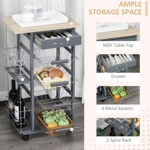 Wyld Haus Nerake Metal Grey Rolling Kitchen Cart With 4 Basket Drawers And Side Racks