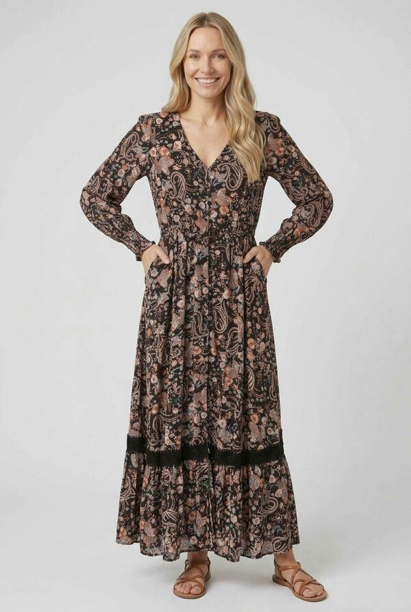 Izabel London Paisley Shirred Long Sleeve Maxi Dress