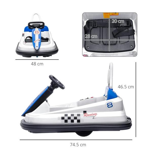 White and blue electric bumper car with steering controls and fitted seat shown