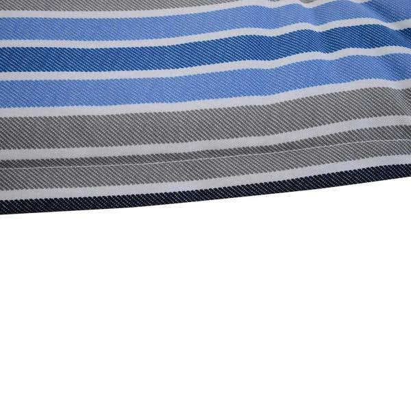 Close-up of blue and gray striped cushion fabric with horizontal texture