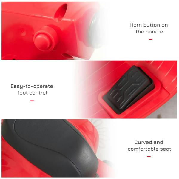 Red motorbike handle horn button and foot control pedal with curved black seat