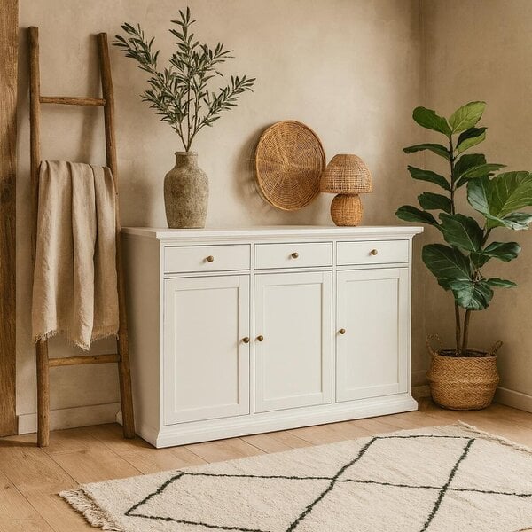 Wyld Haus Osaka Farmhouse White Wooden Sideboard 3 Doors 3 Drawers
