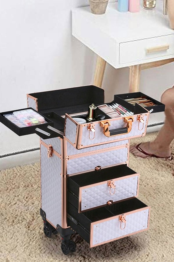 Living and Home Professional 3-in-1 Makeup Trolley Large Beauty Cosmetics Vanity Organizer Rolling Case