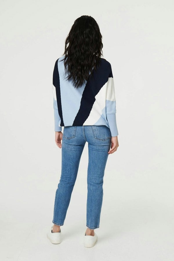 Blue | Colour Block Print Batwing Sleeve Jumper
