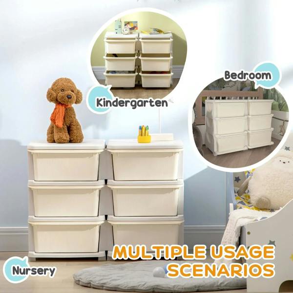 Cream kids storage unit with six drawers, top and front compartments for toys and books.