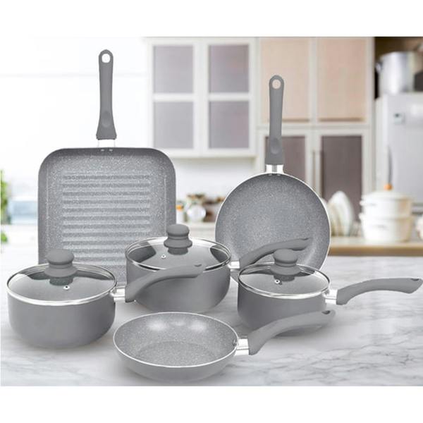 Gr8 Home 9 Piece Aluminium Grey Marble Non Stick Cookware Set Induction Frying Pans Grill Pan Saucepans and Pots