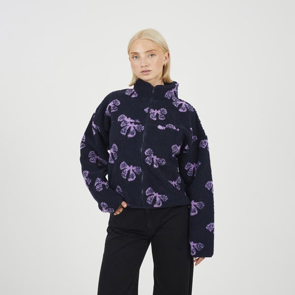Brave Soul Graphic Bow Print Zip Through Sherpa Fleece - Navy