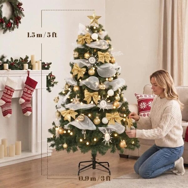 Bobobiy 5ft Pre-Lit Christmas Tree with 150 LED Lights, Artificial Xmas Tree with 8 Lighting Modes, 450 Tips, Remote, Green