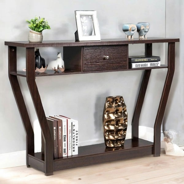 Rafaelo Mobilia Industrial Narrow Console Table With Drawer Walnut Bown