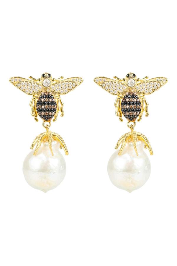 Pearl and gold honeybee earrings.