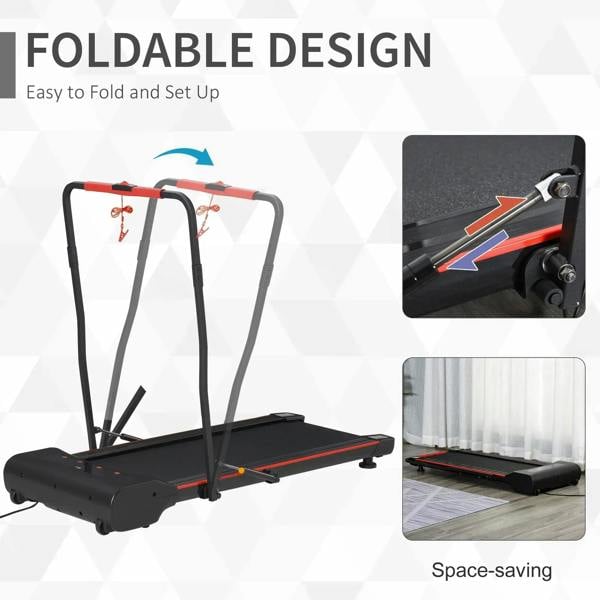 Black and red foldable walking treadmill with upright frame for space-saving storage