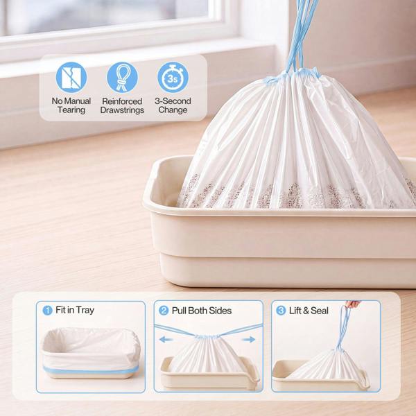 Skylos Cat Litter Bags Auto Scoop Bin Liners Heavy Duty Drawstring 40 Pack Blue