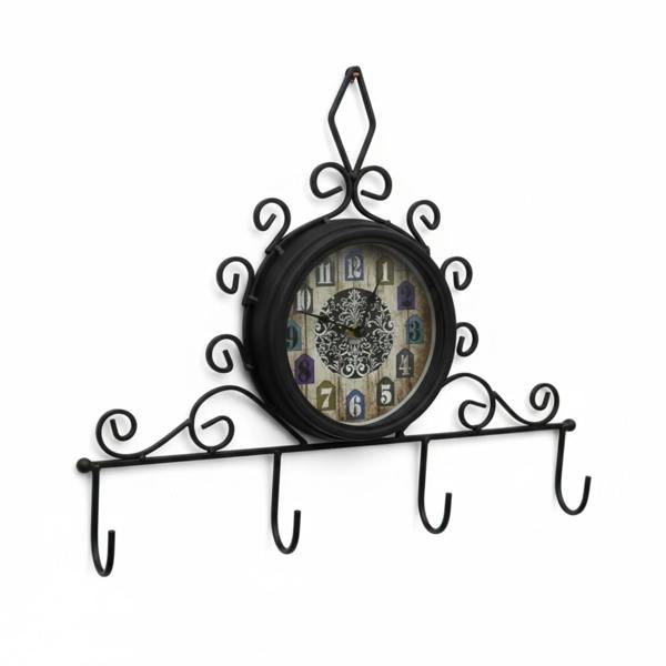 The Garden Marketplace Clock with Coat Hooks, Single-Sided Wall-Mount Design for Indoor or Outdoor Use, Black Metal Finish, 15cm Clock Face