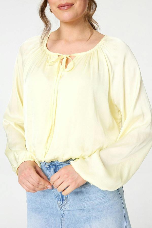 Yellow | Tie Front Long Sleeve Bubble Hem Blouse
