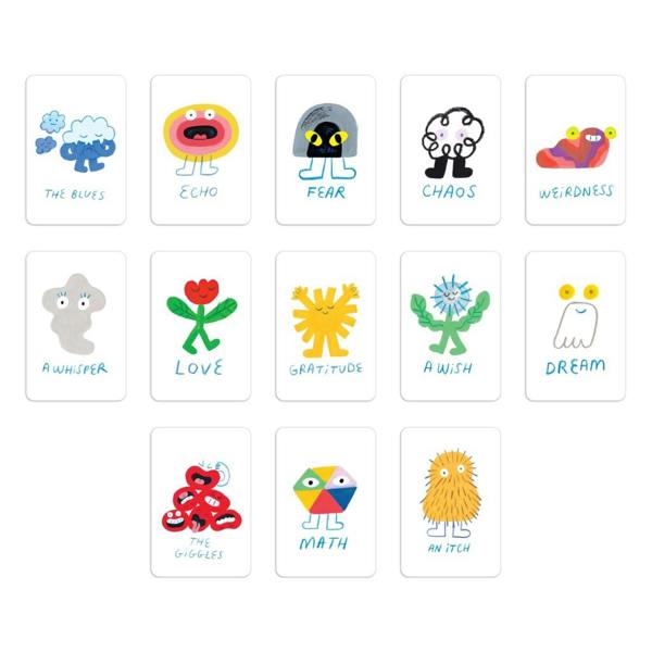 A wide grid selection of thirteen colourful playing cards showing characters from the Matching Things snap game, including The Blues, Echo, Fear, Chaos, Weirdness, A Whisper, Love, Gratitude, A Wish, Dream, The Giggles, Math, and An Itch.
