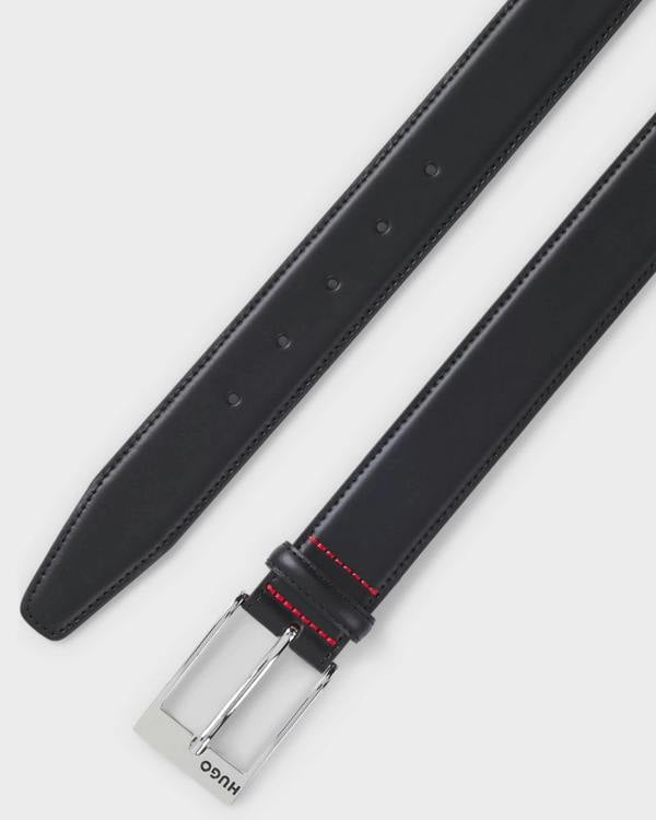 HUGO Barney Mens Patent-Leather Belt with Red Lining  - Black 001 | CHO | Designer Mens Belts