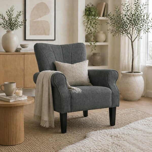 Wyld Haus Suri Mid Century Dark Grey Accent Armchair With Rolled Arms And Wooden Legs