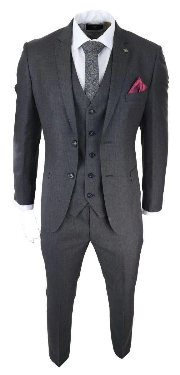 Paul Andrew Mens 3 Piece Charcoal Grey Classic Stitch Retro Suit