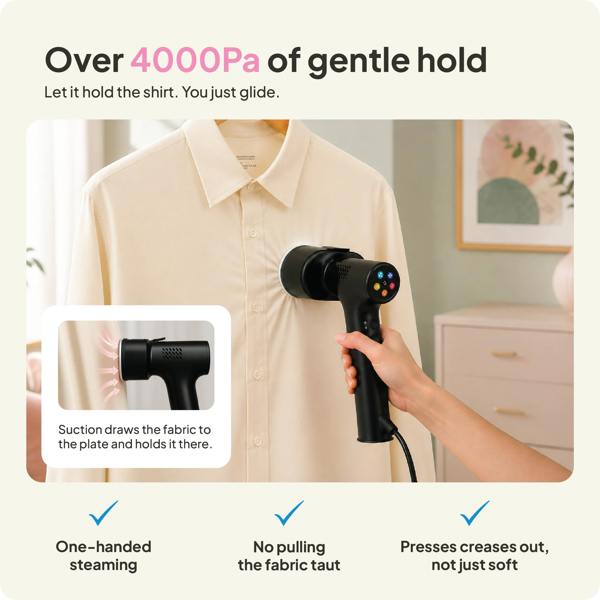 A hand uses the Fridja f20 Handheld Clothes Steamer Pro with Suction, in black, on a beige shirt. Text highlights its powerful 4000Pa suction, easy one-handed operation, and features such as no pulling or creasing. An inset displays a close-up of the steamer in use.