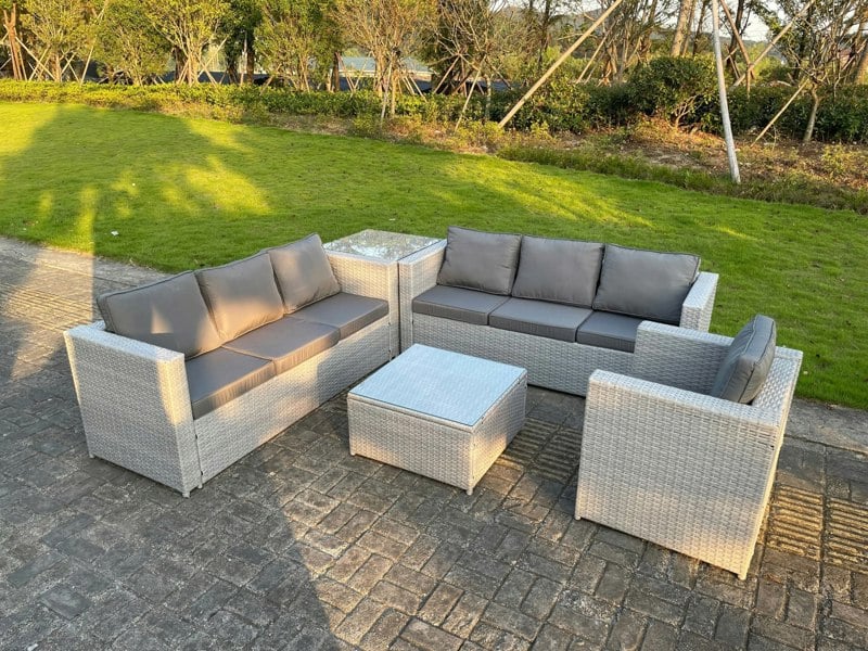 Fimous Light Grey Rattan Garden Outdoor Lounge Sofa Set Chair Sofa Side Table Square Coffee Table 7 Seater