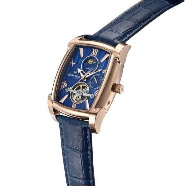Heritor Automatic Valentin Leather-Band Watch w/Date - Rose Gold/Blue - HERHS4405