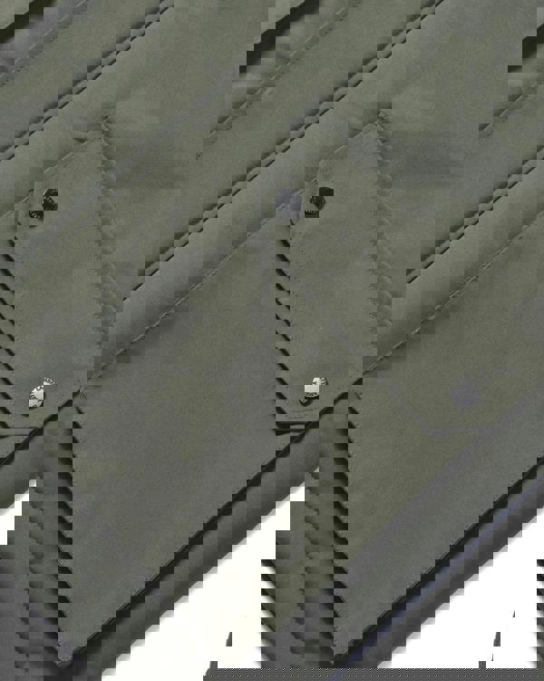 Lambretta Mens Utility Hooded Quilted Classic Badged Parka, close-up of the olive green quilted fabric and a front flap with snap buttons for a utilitarian style.