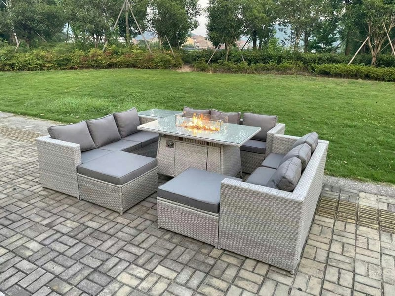 Fimous Rattan Outdoor Garden Dining Furniture Set with Gas Fire Pit Dining Table, 3 Sofas, 1 Side Table, 2 Footstools - 11 Seater - Light Grey