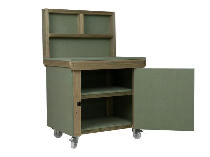 Arbor Garden Solutions Wooden UniMDF Moisture Resistant Workbench With Lockable Cupboard (V.9) With Back panel, Wheels, Double shelf