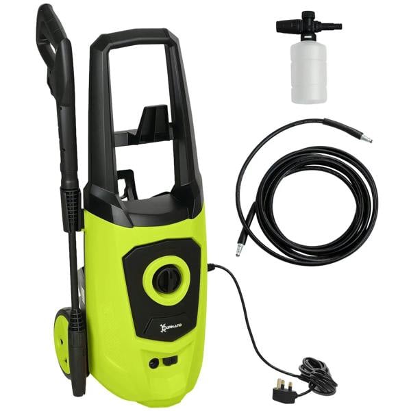 Green and black portable pressure washer with spray gun, hose, and power cord